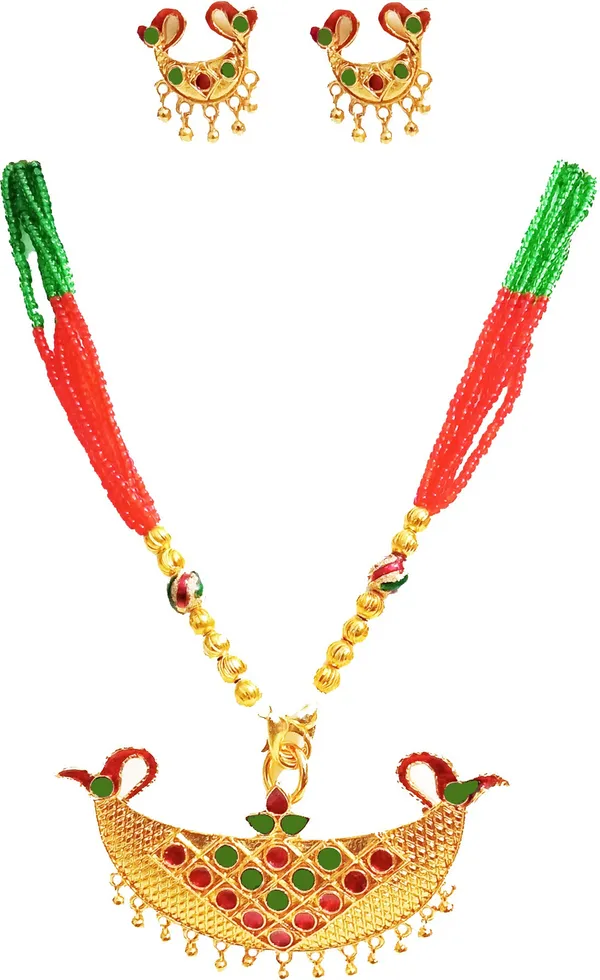 Assamese_Traditional_Gold_Plated_Red_Green_Joonbiri_Tassel_Jewellery_Set_For_Women_&_Girls
